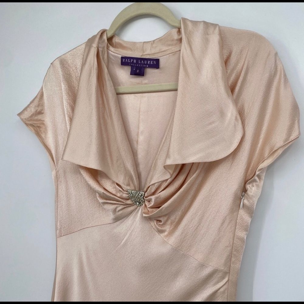 Ralph Lauren Gathered Silk Champagne Plunging Dress Short Sleeves Collared Gown - Picture 2 of 12